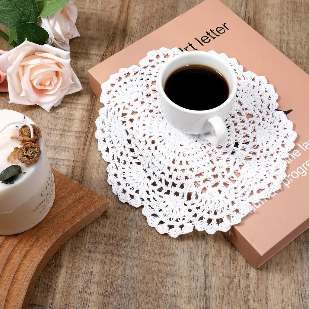 4 Pcs 8 Inch White Vintage Crochet Doilies Round Lace Doily Lace Coasters Cotton Lace Doilies Lace Doilies for Tables Lace Coastersfor Kitchen Dining