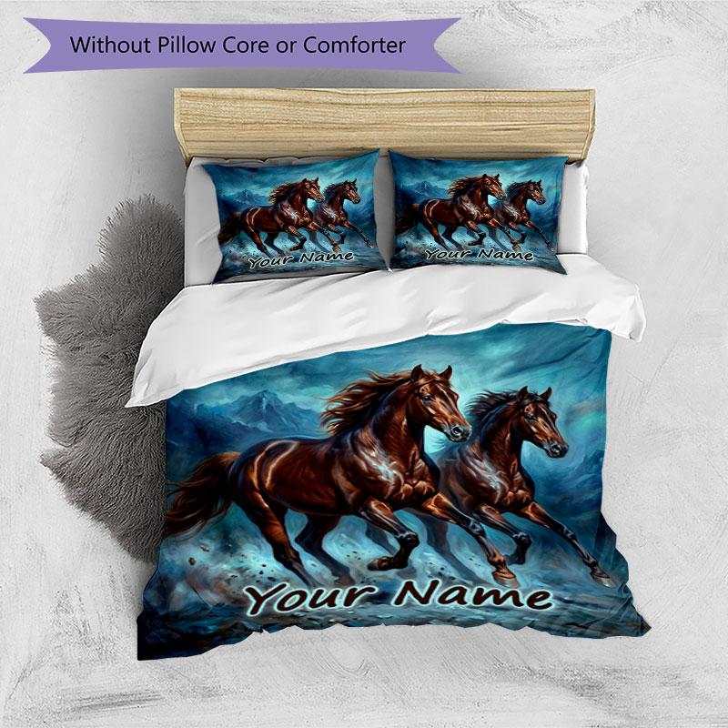 3PC Custom Name Horses Stormy Night Bedding Set Duvet Cover Closure Includes 1 Duvet Cover & 2 Pillowcases for Bedroom