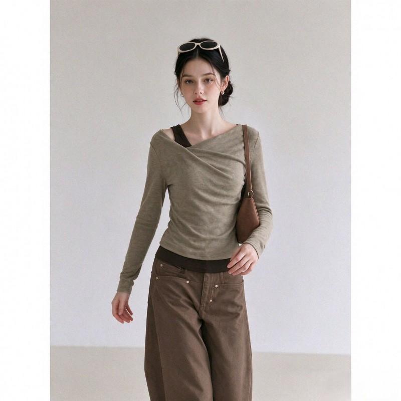 Womens Asymmetrical Neck Long Sleeve T-Shirt Contrast Color Slim Fit Pleated Top