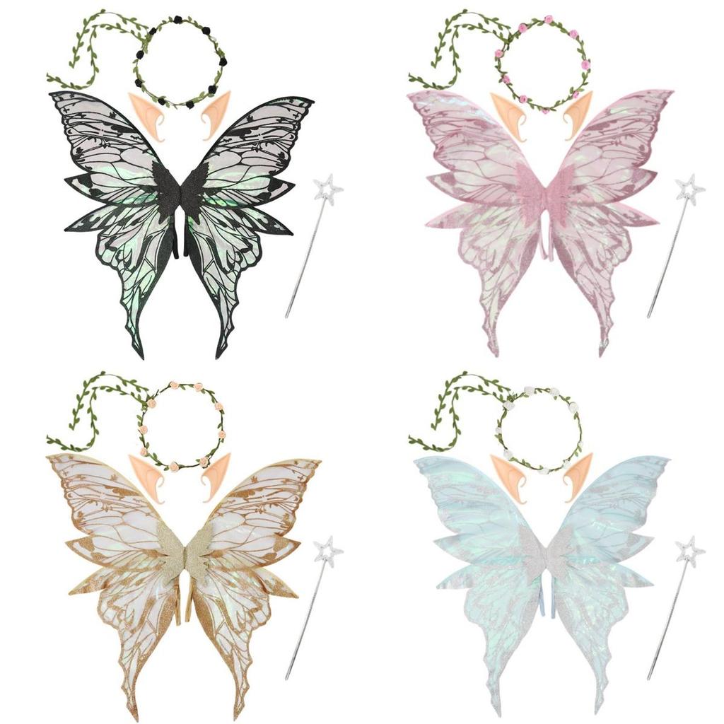 Star Wand Fairy Butterfly Wings Flower Crown Sparkling Angel Wings Fairy Costume Set  Halloween