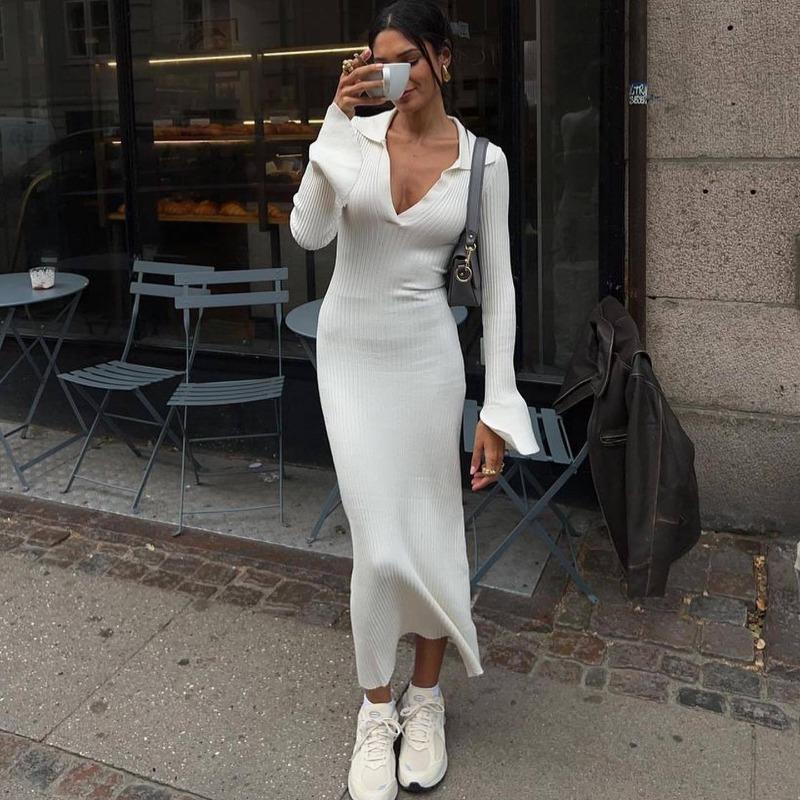 Белое трикотажное платье с высокой талией, модное женское платье с лацканами в рубчик, осень 2023, тонкое элегантное длинное платье, повседневное вязаное однотонное праздничное платье