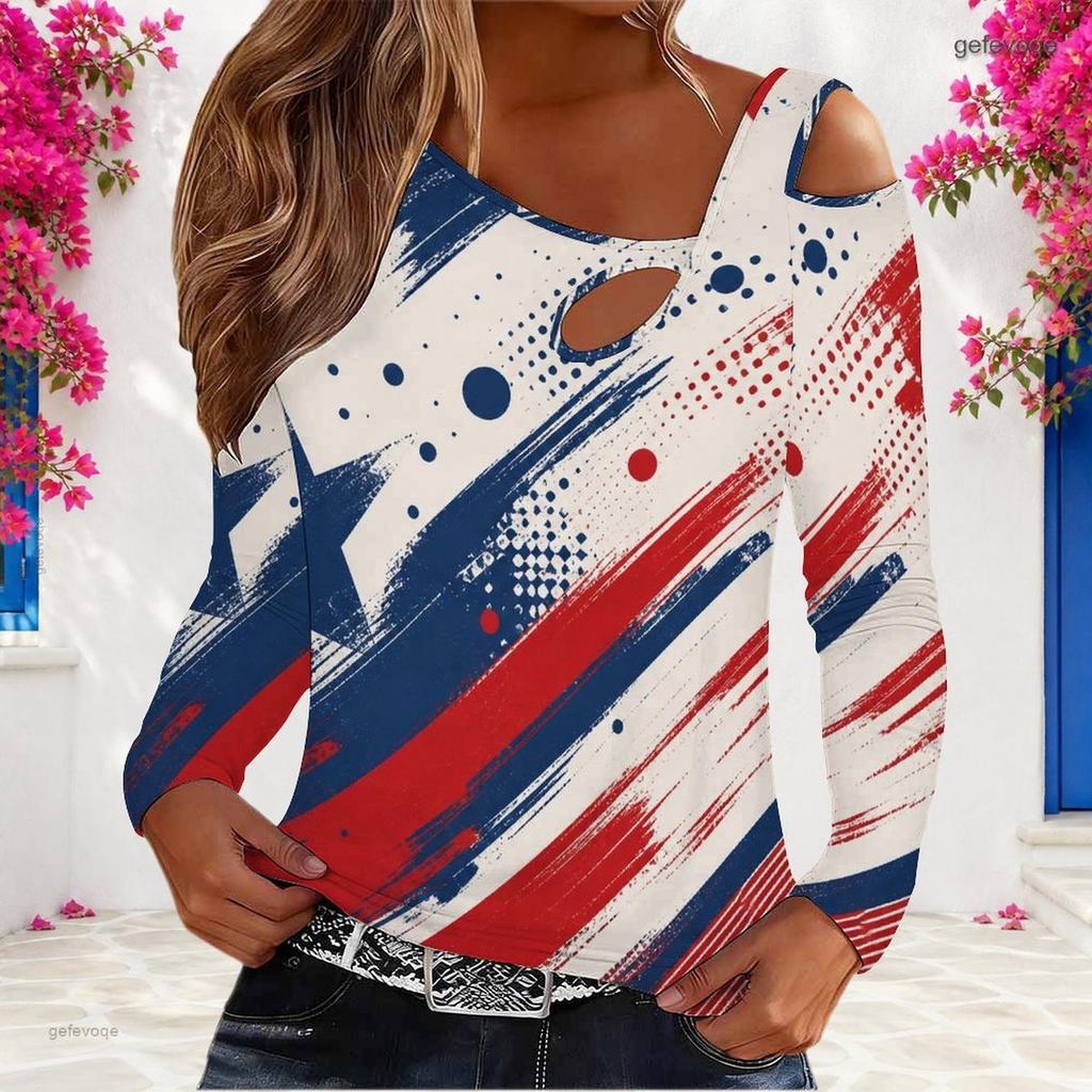 Women Plus Size Beige Red Navy Star Stripe Printed Asymmetric Cutout Cold Shoulder Long Sleeve Fitted Top