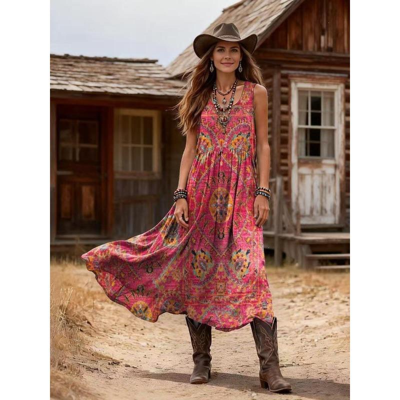 Summer Vintage Bohemian Printed V Neck Sleeveless Maxi Dress
