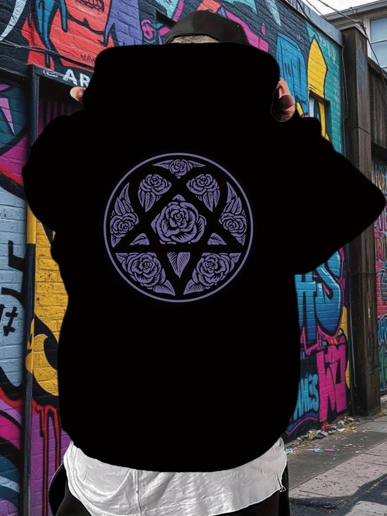 Casual Graphic hoodie with Rose Ring & Floral Design - Black Pullover with Front Pocket