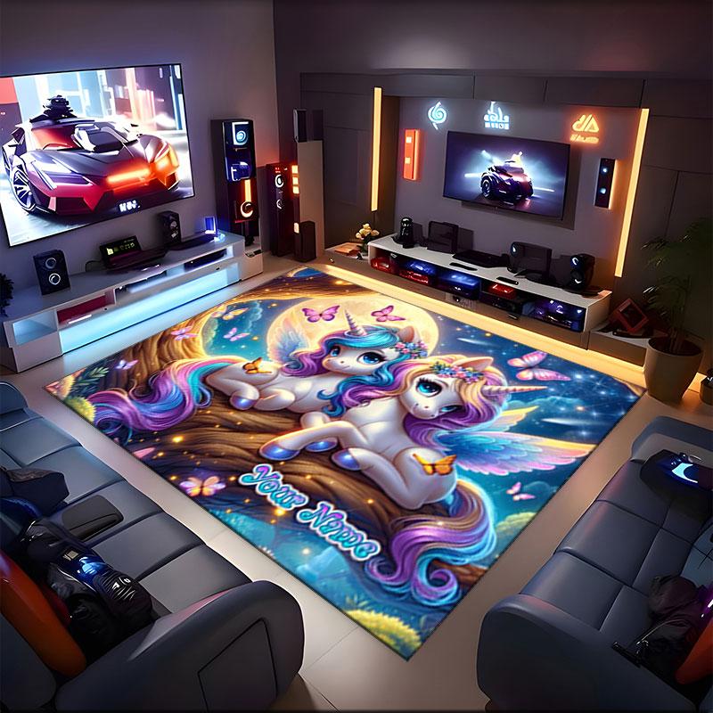 1PC Custom Name Unicorns Forest Theme Floor Mat Ideal for Living Room, Game Rooms, Office, Bedroom,Floor Mat Playful Design