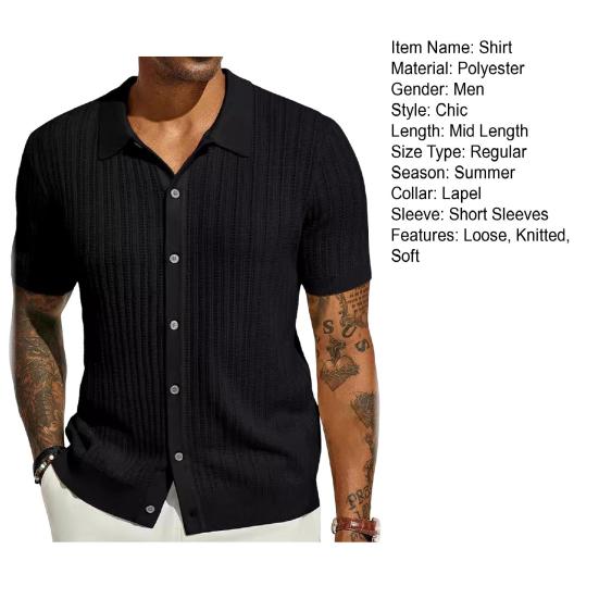 Мужская рубашка с лацканами, однобортный сплошной цвет, тонкий мягкий кардиган с короткими рукавами, ажурный вязаный