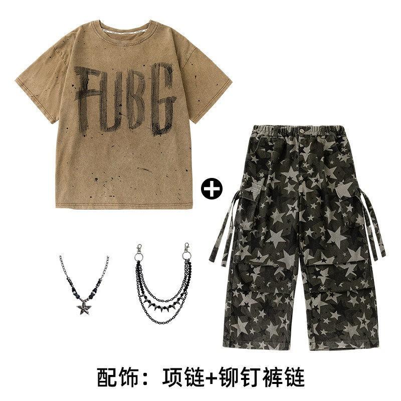 Kids Hip Hop Dance Outfit Set - Camo Pants Short Sleeve Top Boys Girls Street Performance