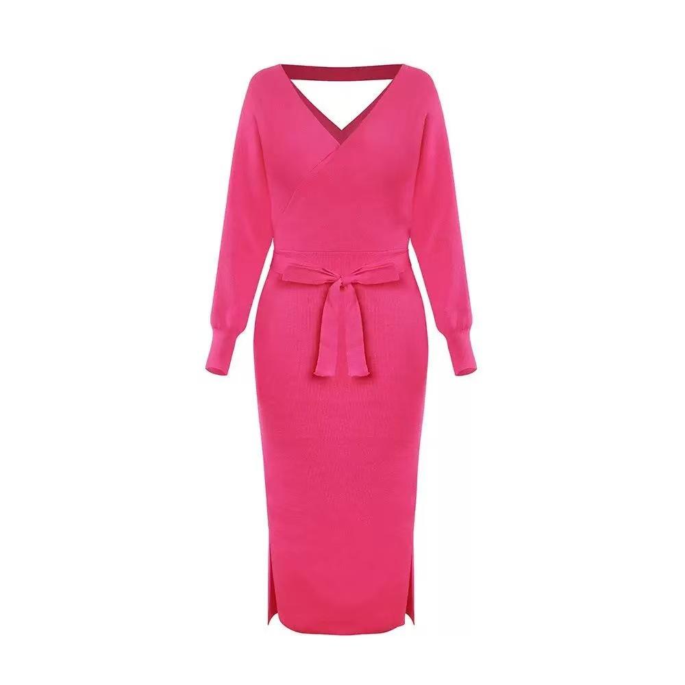 European and American style v-neck knitted dress women's autumn and winter lace-up medium and long slim and thin hip skirt