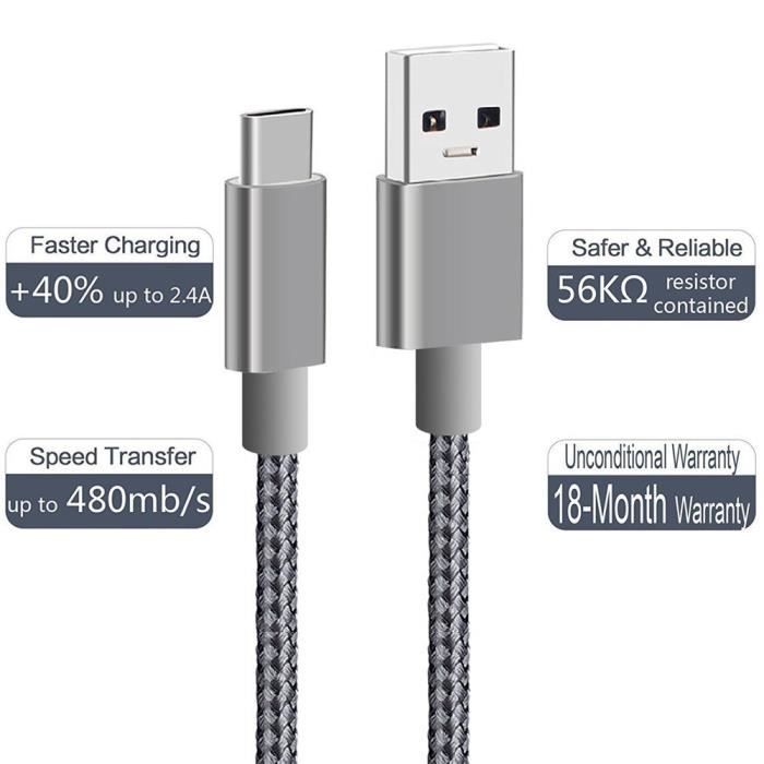 Кабель USB Type-C, (лот из 2 2М), (темно-серый), нейлоновый плетеный кабель для быстрой зарядки Кабель USB A - USB C для Samsung