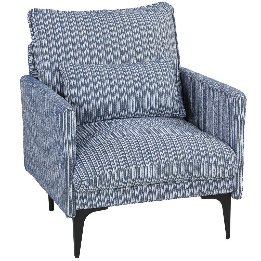 Padded Living Room Armchair in Linen-Effect Fabric with Armrests, Lumbar Cushion and Wide Seat, Blue