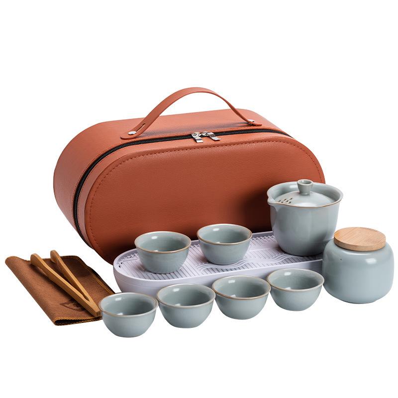 Celadon Ge Kiln Opening Film Can Raise Outdoor Portable Travel Tea Set, One Pot of Three Cups of Kuaike Tea Cup Gifts