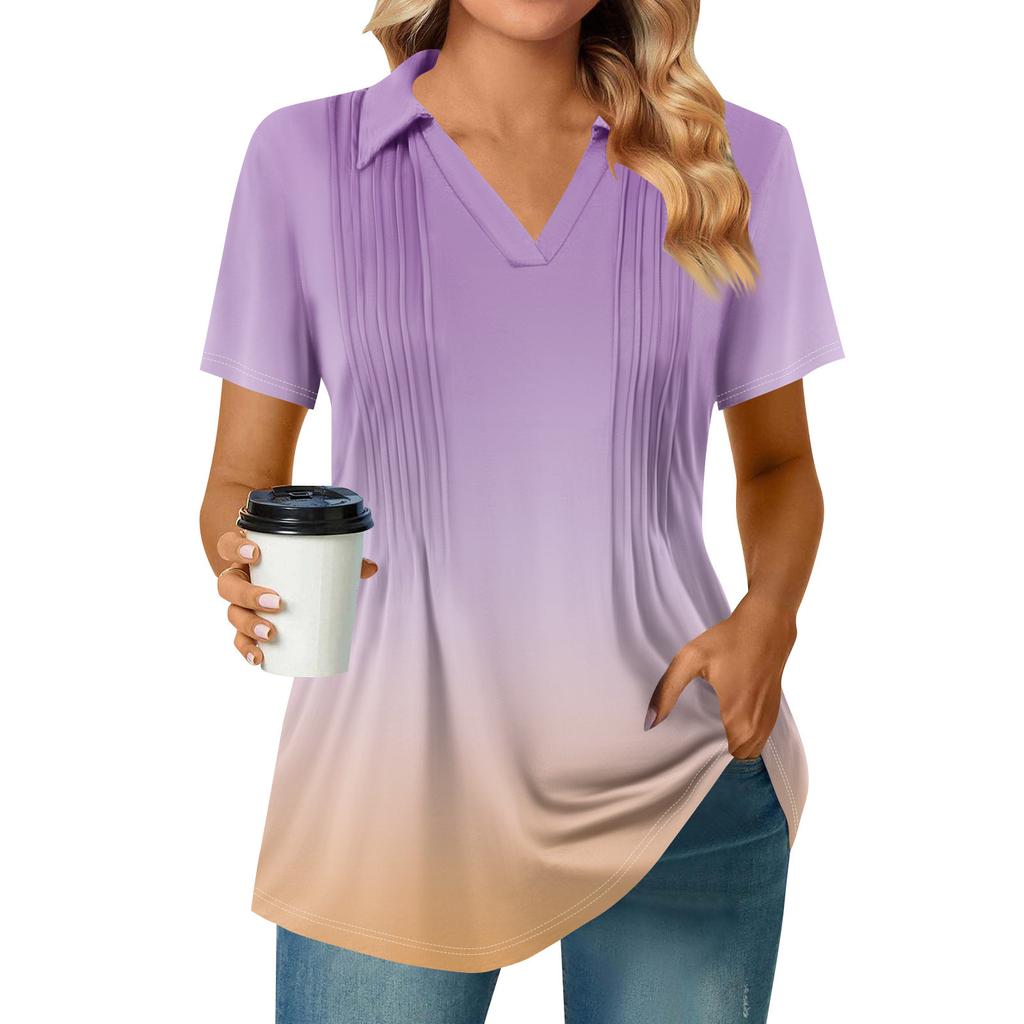Женские футболки с коротким рукавом, плиссированные, с V-образным вырезом, с принтом, с воротником, летние топы, модные, деловые, повседневные, рабочие