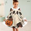 Girls Furry Trim High Neck Long Sleeve Halloween Panda Printed Flared Dress