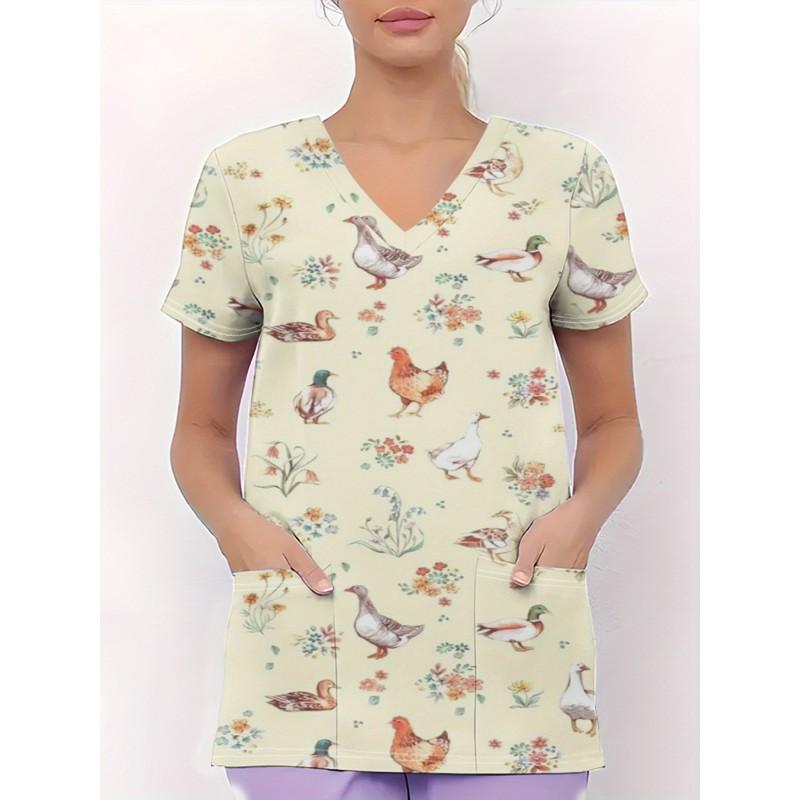 Womens V-Neck Short Sleeve Nursing Scrub Top With 3D Cartoon Print Comfortable Workwear Casual Medical Uniform