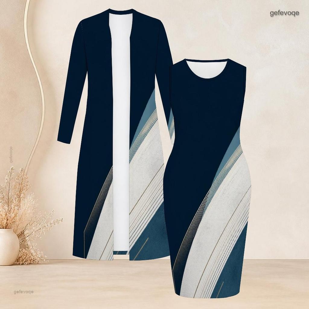 Women Plus Size Two Piece Set Printed Long Sleeve Open Front Cardigan Sleeveless Bodycon Dress