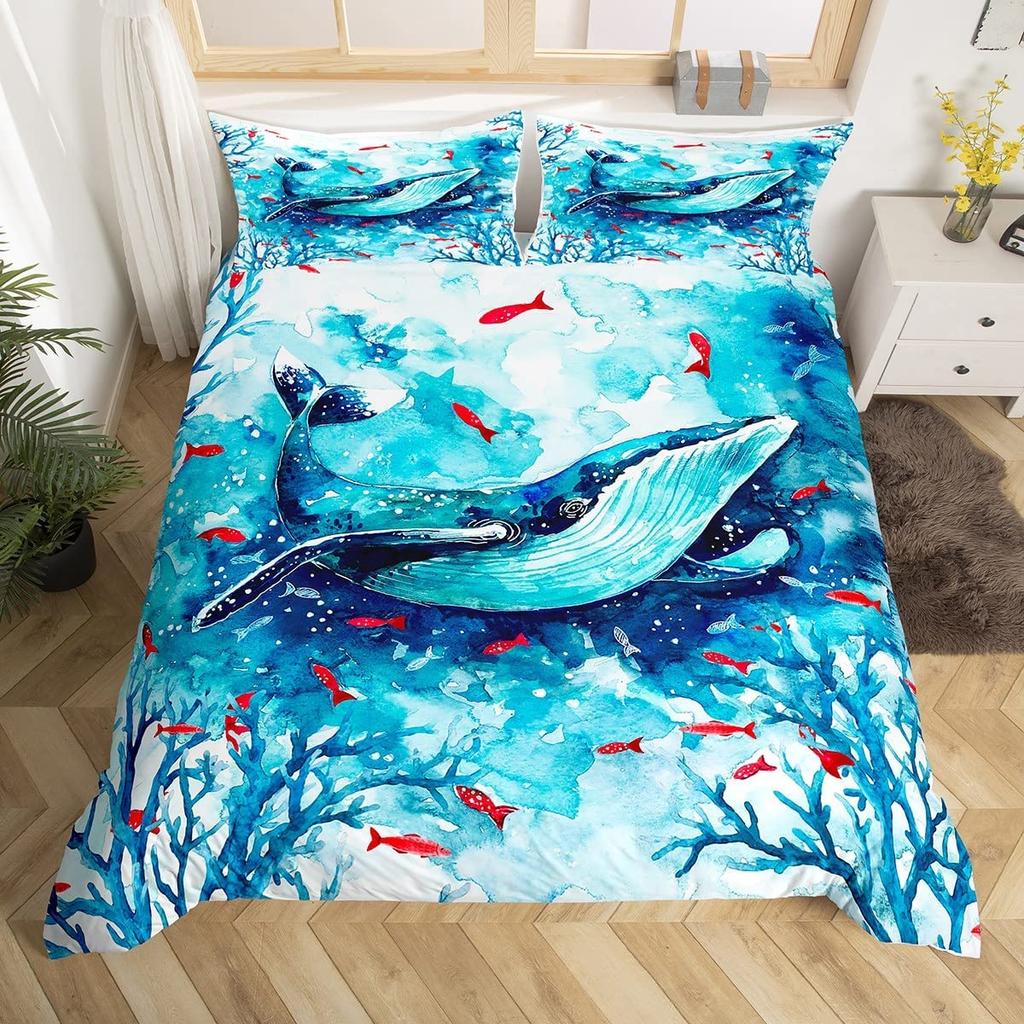 Cat Duvet Cover Set Watercolor Whale Fishing Bedding Set Ocean Sea Wave Comforter Cover Marine Nautical Themed Bedspread Cover