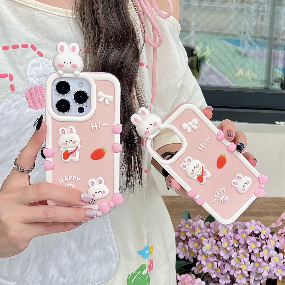 KEYSION Милый 3D Мультяшный Счастливый Белый Кролик Чехол для Телефона для iPhone 13 14 15 16 17 Pro Max Мягкий Силиконовый Ударопрочный Задний Чехол
