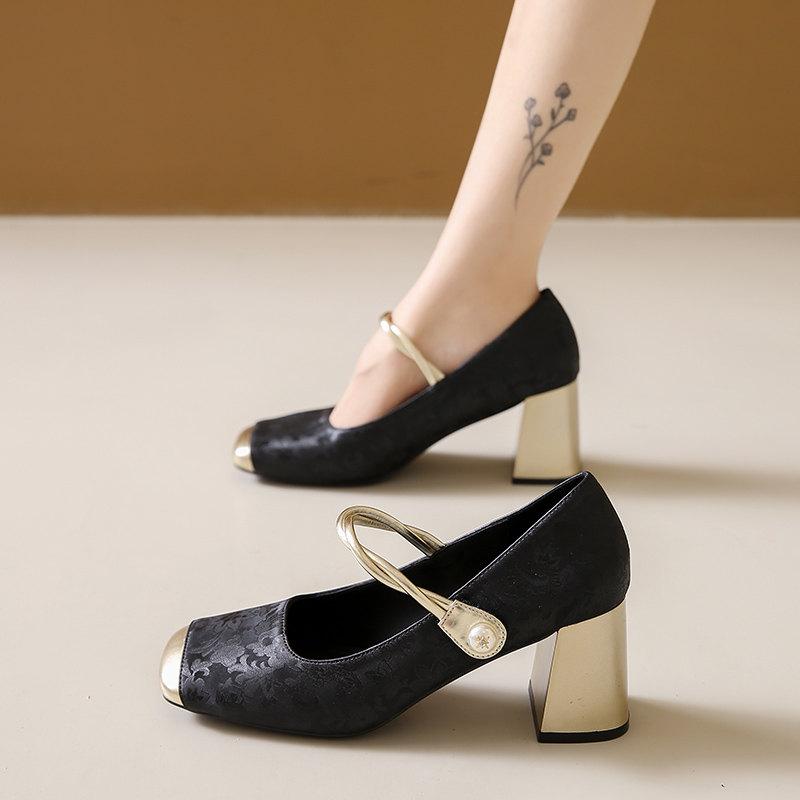 Модные элегантные туфли-лодочки с квадратным носком, женские туфли Мэри Джейн, французский модный принт с неглубоким высоким каблуком, женские туфли-лодочки с квадратным каблуком