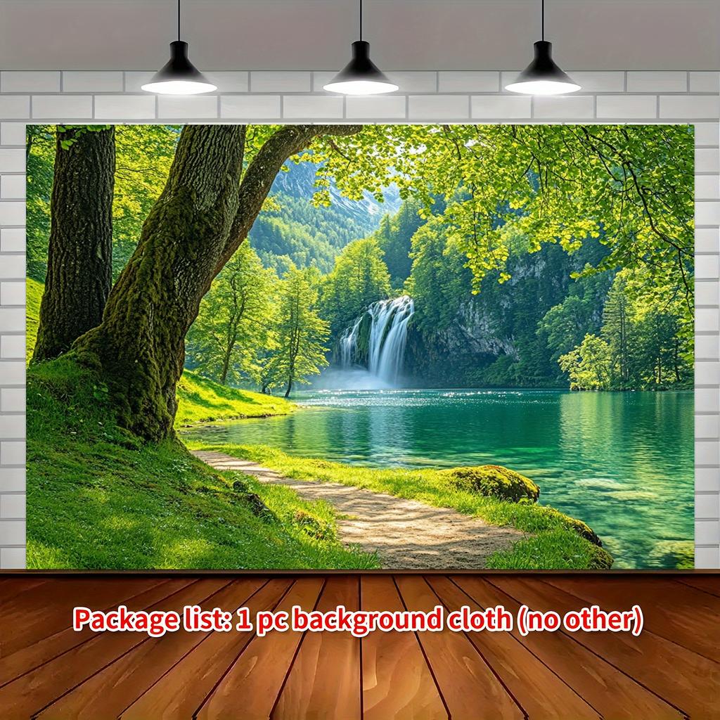 2D flat banner 2D flat banner 1 large-scale mural background - Emerald Lake Waterfall and Green Forest Natural Landscape