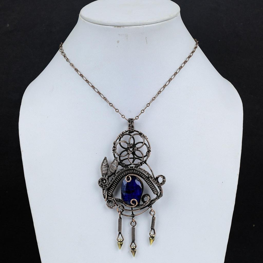 Кулон с синим сапфиром, Кулон с драгоценным камнем ручной работы, Кулон, обернутый медной проволокой 999 пробы, Антикварное украшение, Для подарка на помолвку