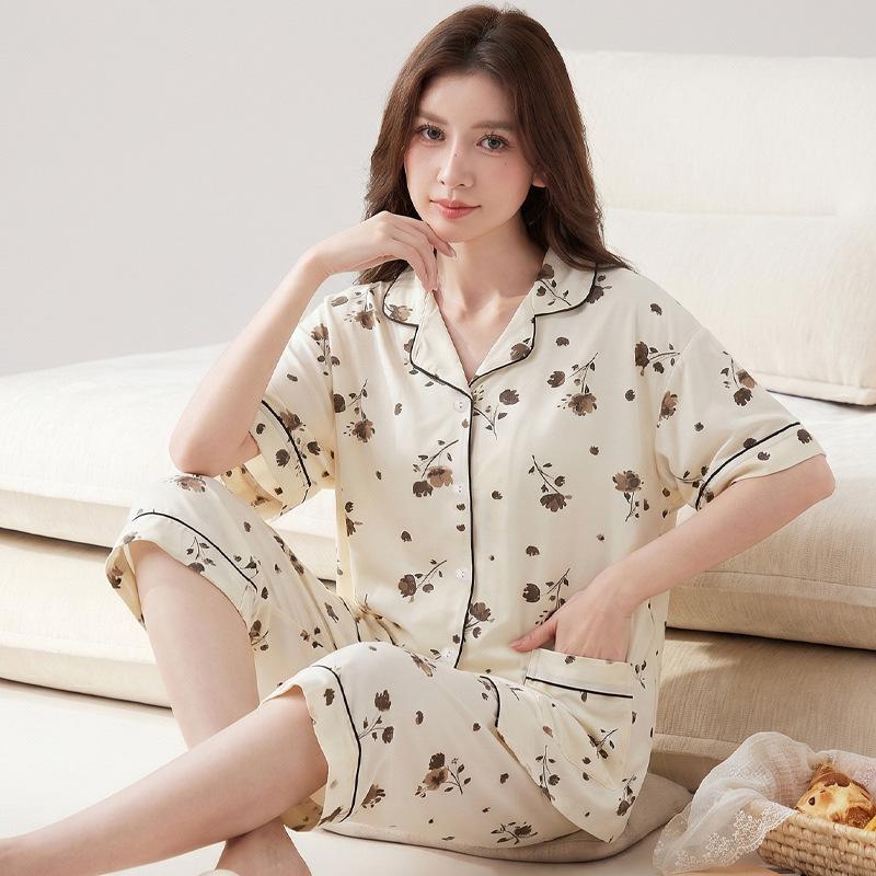 Middle-aged mother shows young pajamas women's summer new short-sleeved cropped pants loungewear imitation cotton casual suit