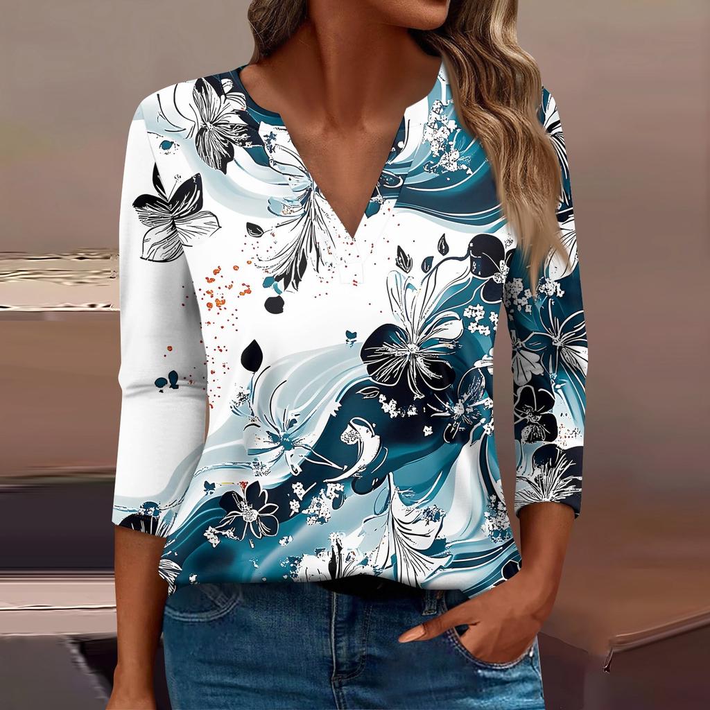 Женская футболка Футболка с принтом Рукав 3/4 Повседневные Выходные Мода Базовый V-образный вырез Обычный топ