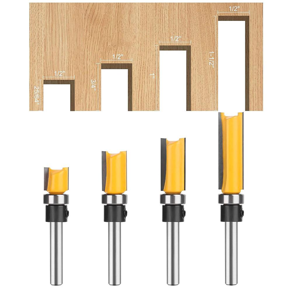 Набор из 4 фрез с верхним подшипником и хвостовиком 1/4'' для заподлицо из карбида вольфрама