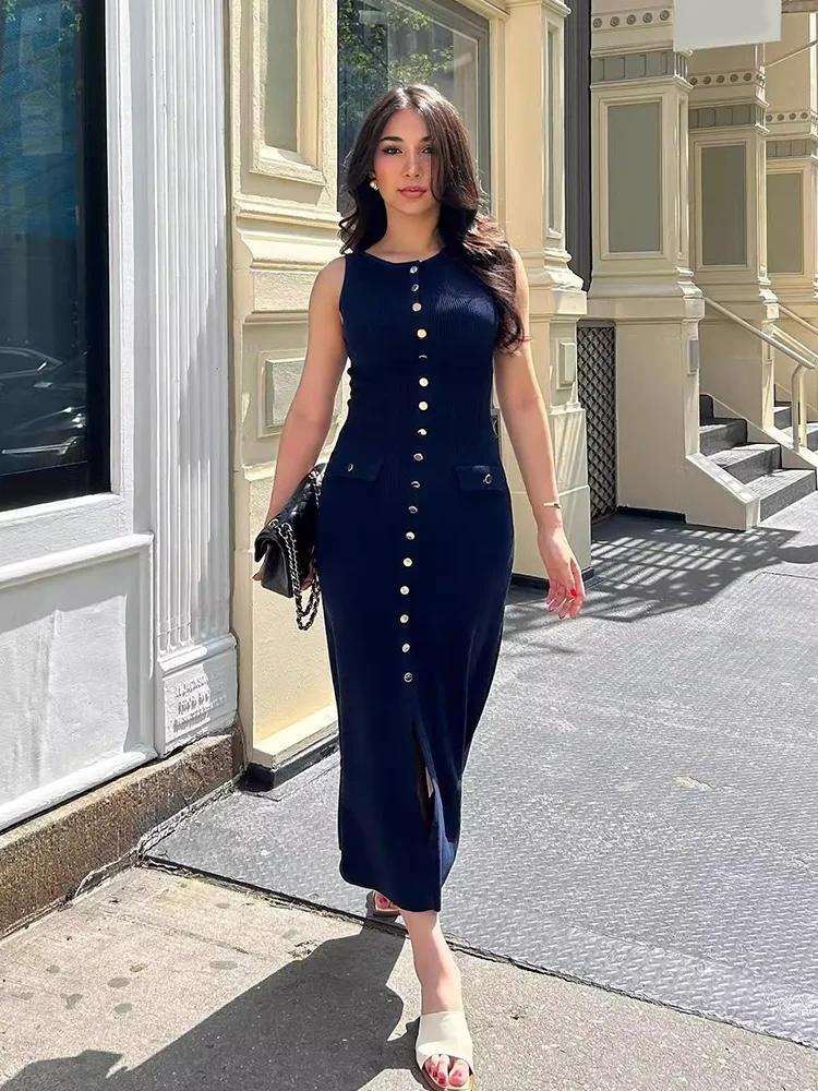 Knitted Sleeveless Long Dresses Women O Neck Single Breasted Fake Pockets Decoration Split Party Dress Autumn Beach Robe