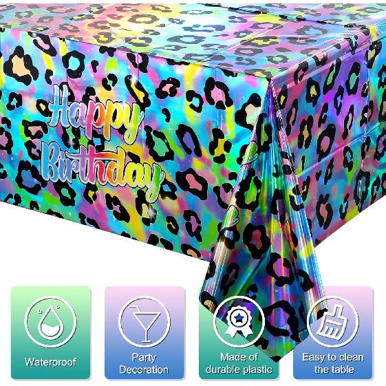 3 Pack Cheetah Print Tablecloth, Iridescent Neon Rainbow Leopard Party Decorations, Plastic Disposable Rectangle Safari Print Table Cover for