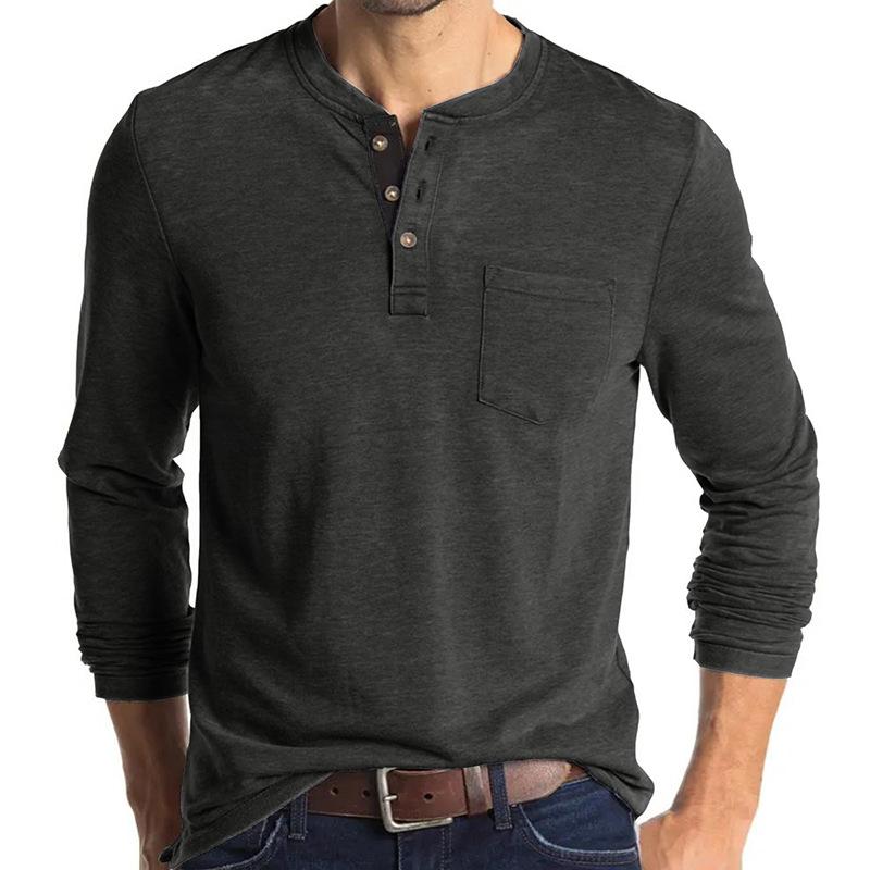 Beauty Vintage Casual Round Neck T-shirt Men's Solid Button Patchwork Pocket Trendy Versatile Cotton Breathable Long Sleeve Top