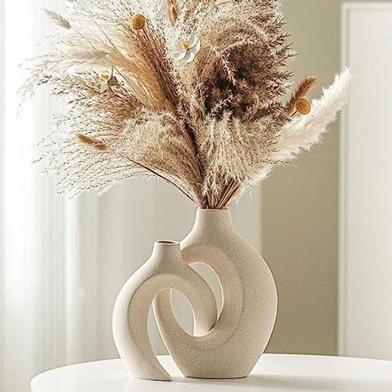 Levvohd vase stylish interior base ceramic hollow dry flower single stem 2-piece set (beige medium)