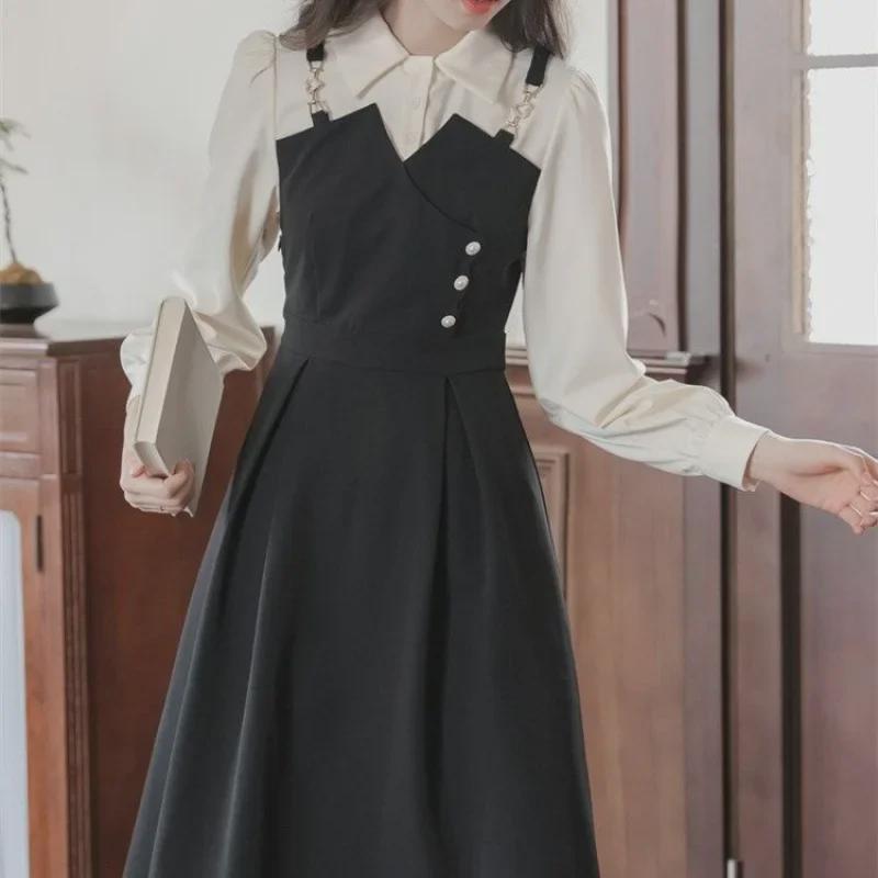 Платье-двойка больших размеров во французском стиле для женщин - длинный рукав, утягивающая талия, А-силуэт, осенняя мода