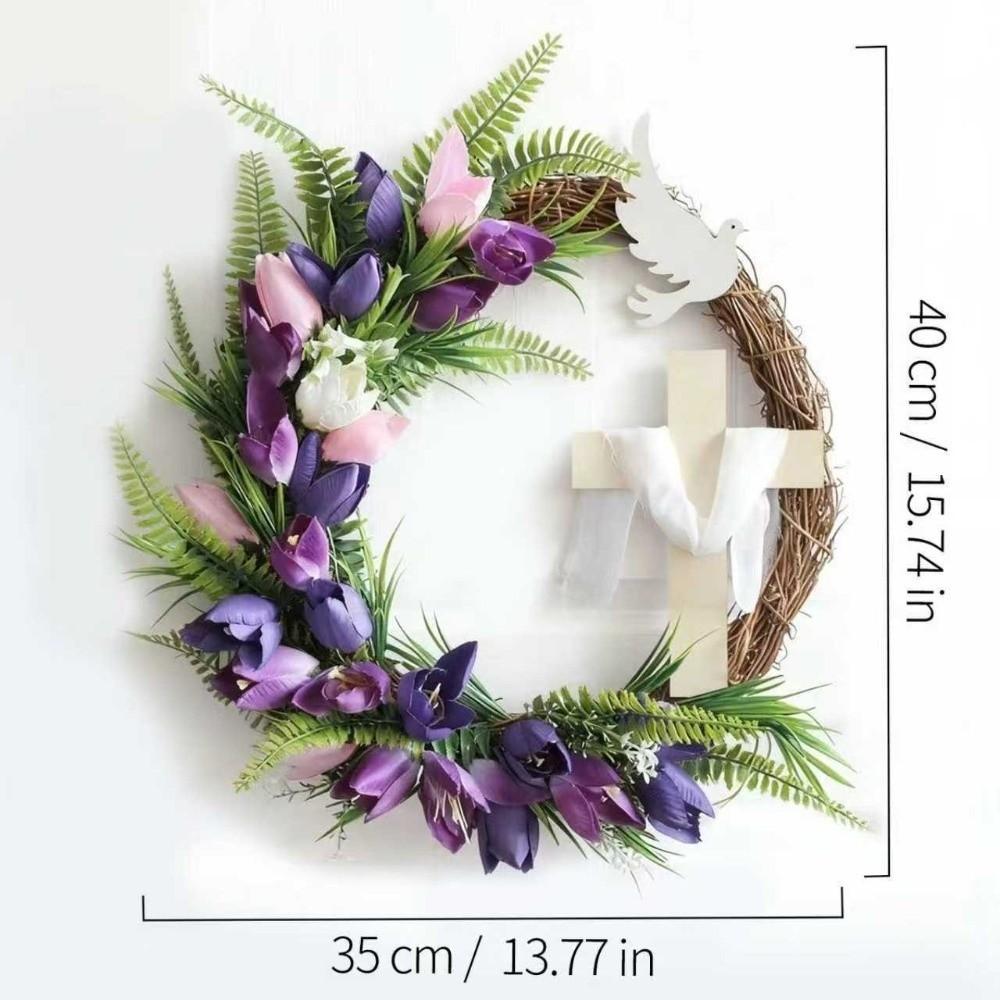 Faux Flowers Easter Tulip Cross Wreath Colorful Design Handmade Rattan Ring Garland Artificial Front Door Hanging Garlands