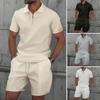 Men Summer Waffle Solid Color Zip-up Lapel Short-sleeve Suit Shorts Two Sets