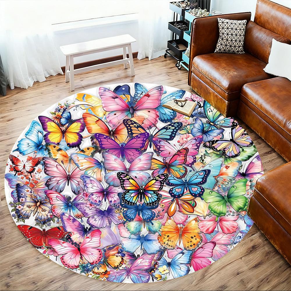 1pc Butterfly Mandala Pattern Office Round Rugs, Under Chair Round Rugs for Living Room, Bedroom, Bathroom Decoration Carpet 091859