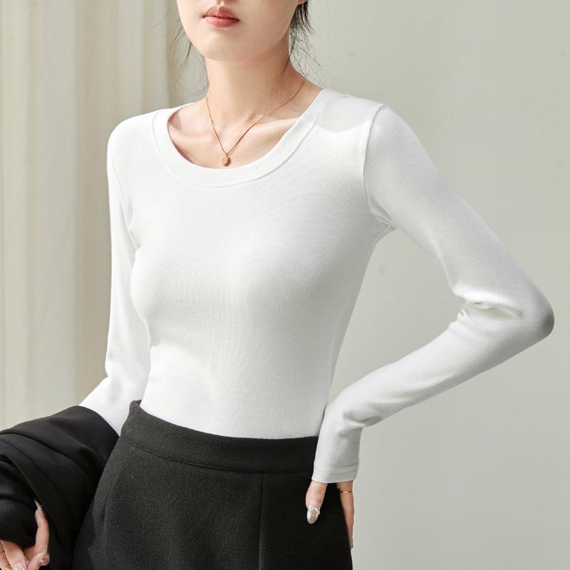 Early Autumn Women's Solid Colour Cotton Simple Inner Positive Shoulder Waist Slim Thin Long-sleeved Bottoming Shirt