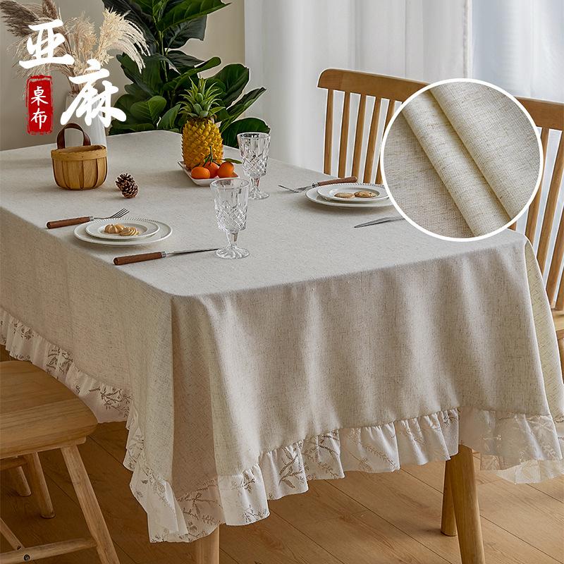 Solid Color Linen Ruffle Edge Tablecloth High-End Khaki Rectangular American Dining Table Mat Fringe Labeling