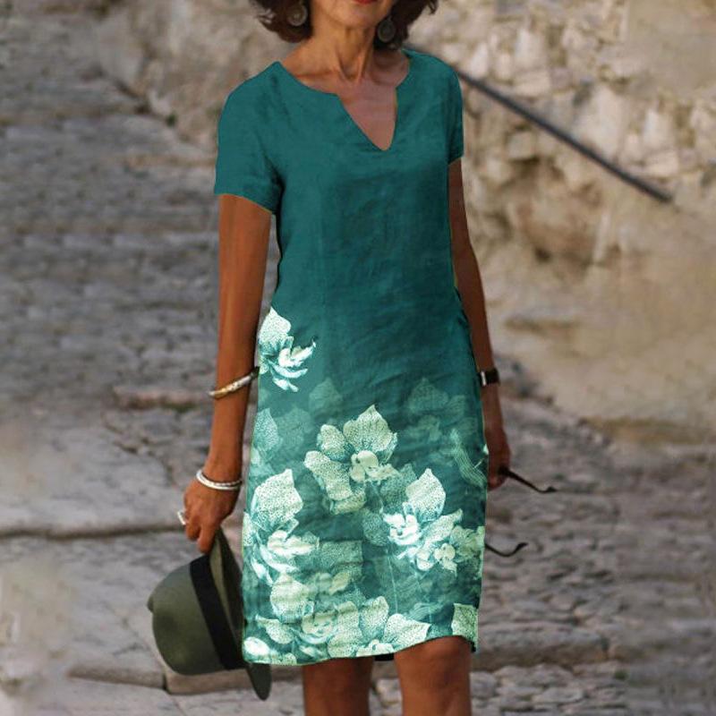 QICED Women's Spring Summer Printed V-Neck Short Sleeve Dresses