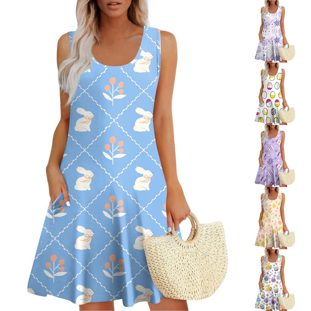 Womens Summer Dresses Easter Print Loose U Neck Sleeveless Sundresses Dress With Pockets