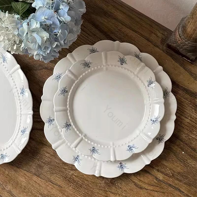 Креативные круглые тарелки с цветами для столовых приборов, элитные рестораны, послеобеденный чай, десерт, фрукты, домашняя вкусная посуда, керамическая тарелка