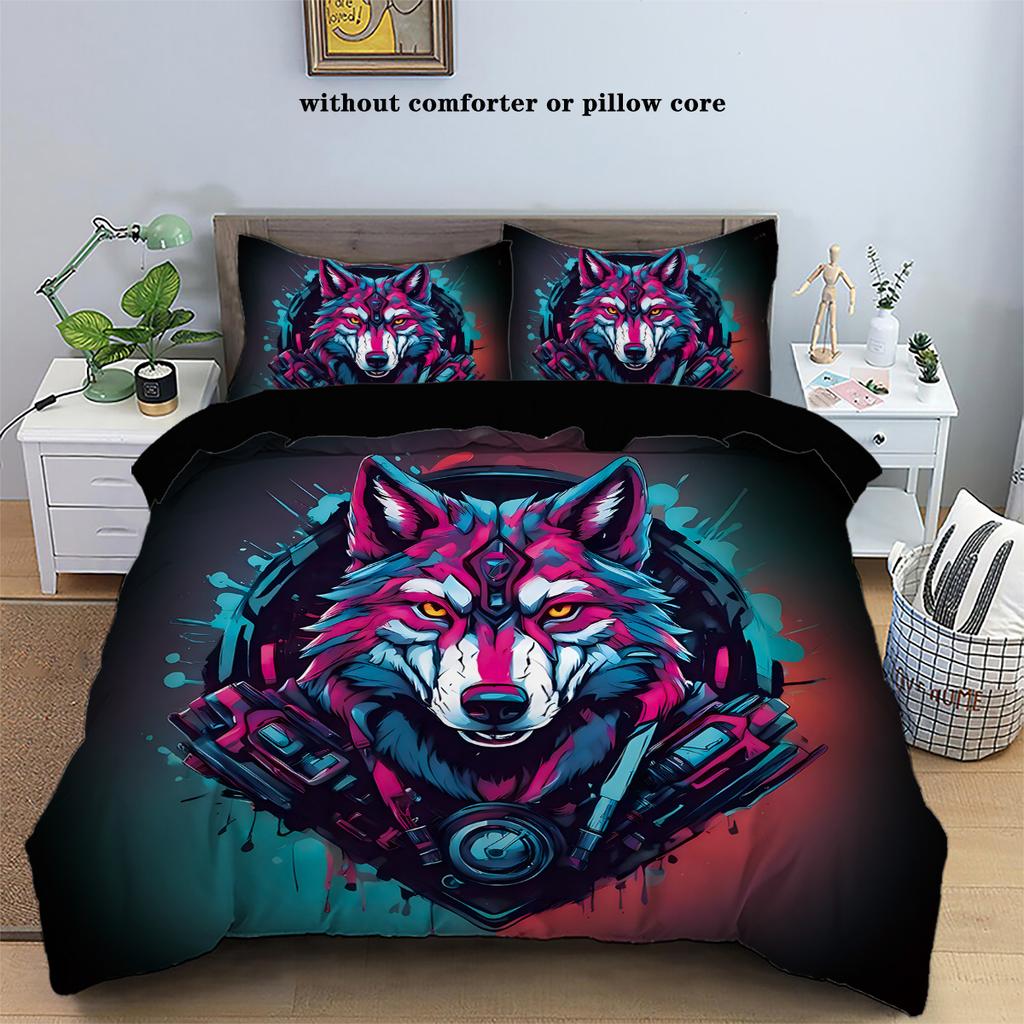 3pcs Cat and Wolf Cyberpunk Style Printed Bedding Set, (1*Duvet Cover + 2*Pillowcase, NO Core),for Bedroom,hotel,home Decoration