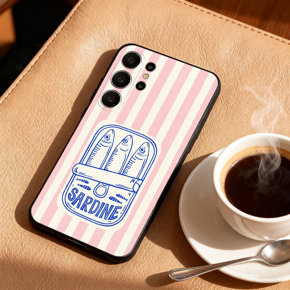 V-Винтажная консервированная сардина Чехол для телефона для Samsung S25,24,23,22,30,21,10,9,Ultra,Plus,Lite,FE Мягкий черный чехол