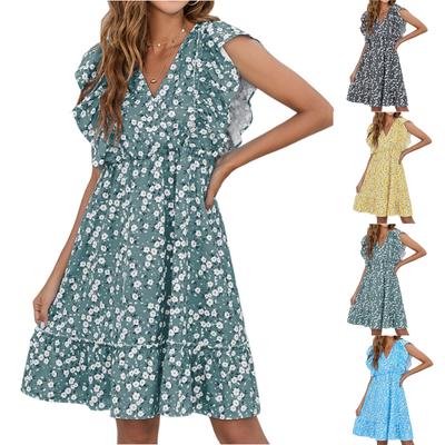 Женское повседневное платье с цветочным принтом, короткими рукавами, V-образным вырезом, высокой талией и короткой юбкой