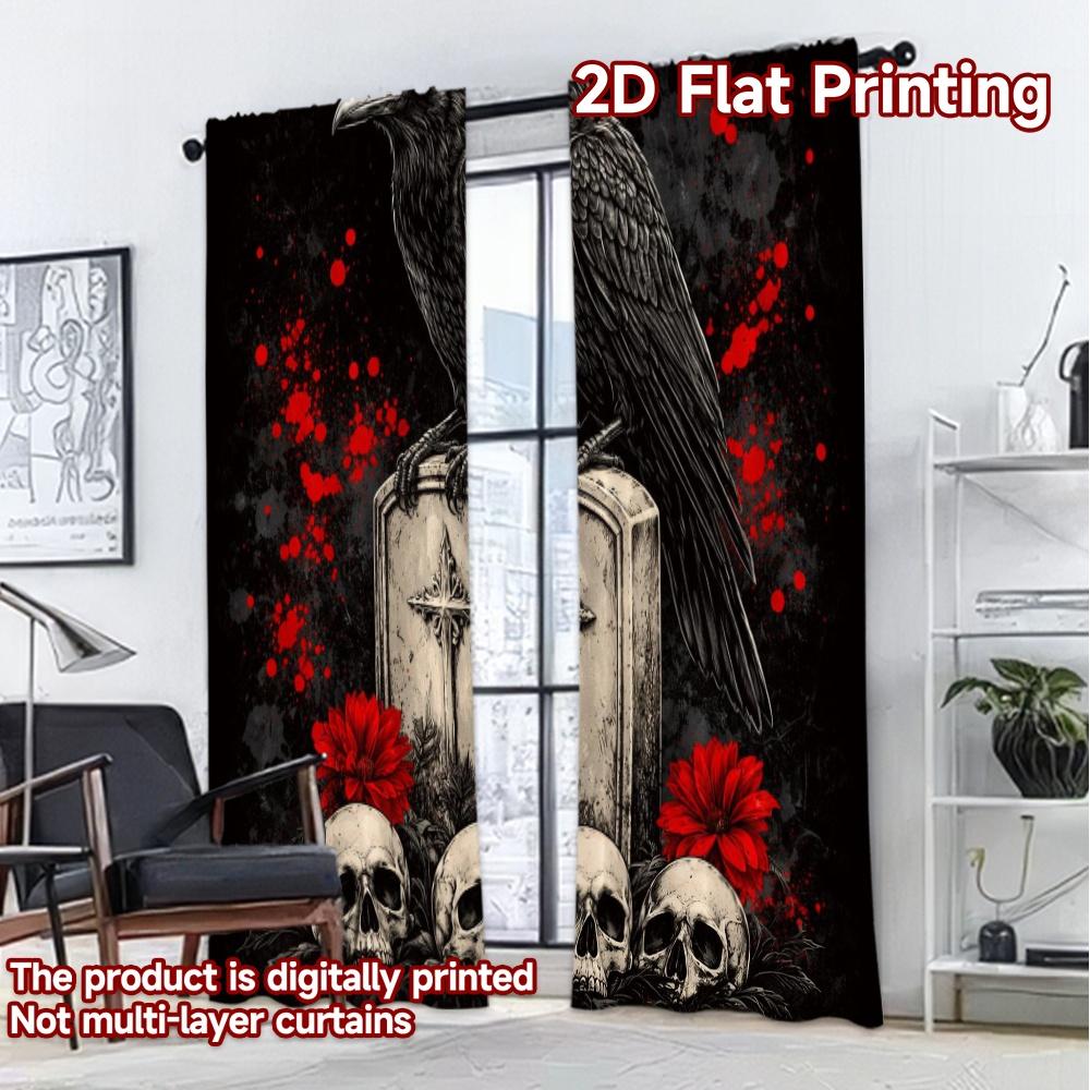 2D FLAT PRINTING 2pcs Curtains (Without Rod) Halloween Raven and Skulls Popular Curtains Digital Printed 100% Polyester Curtains