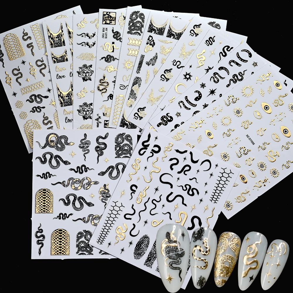 6/12pcs Brongzing Gold Black Snake Nail Stickers 5D Sexy Snake Print French Nail Decals 8*10cm Self-Adhesive Snake Manicure Diy