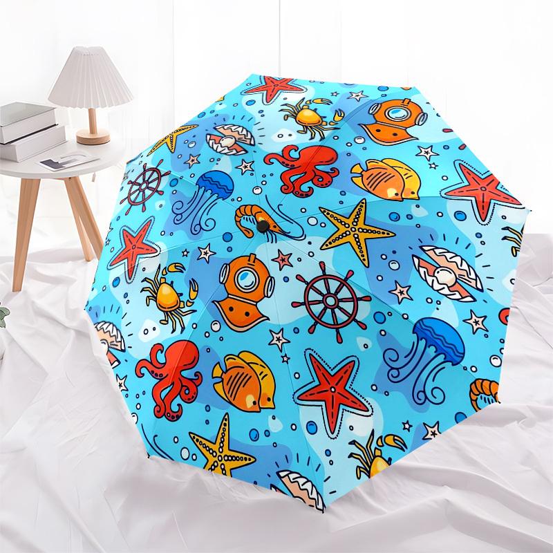 1pc Oceanic Adventure: Dive into the Depths with Colorful Sea Creatures! Umbrella with Plastic Handle,Suitable for All Seasons UmbrellaPT514