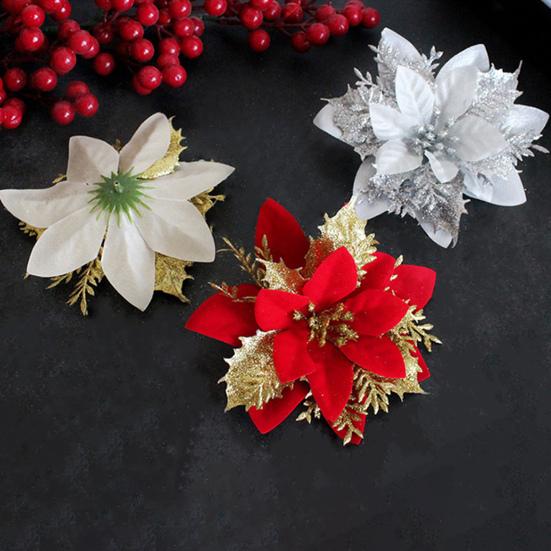 10Pcs/Set Christmas Artificial Flower Glitter Leaves Red Golden Silver-color Layered Xmas Tree Wreath Decoration Fake