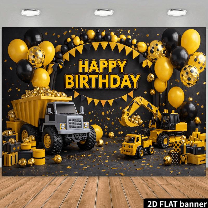 2D Flat Banner for Birthday Party Background - Engineering Vehicle Theme, Including Dump Trucks