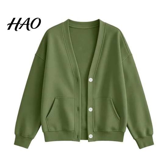 Fall Winter Top Women Button Front V-Neck Cardigan, Solid Color Oversized Sweatshirt with Relaxed Fit Cardigan Dual Pockets, Long Sleeve Casual Jacket