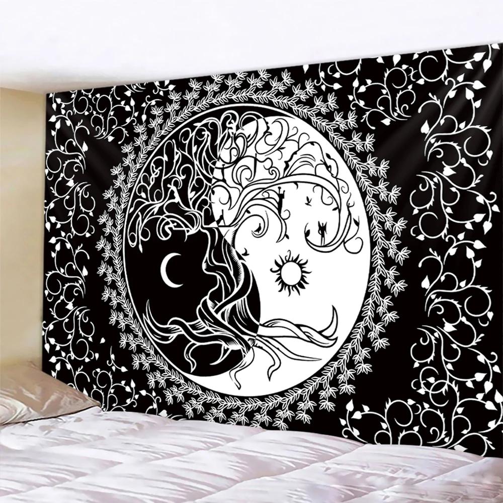 Black and white moon Mandala tapestry Bohemian decoration wall hanging bedroom psychedelic scene starlight art home